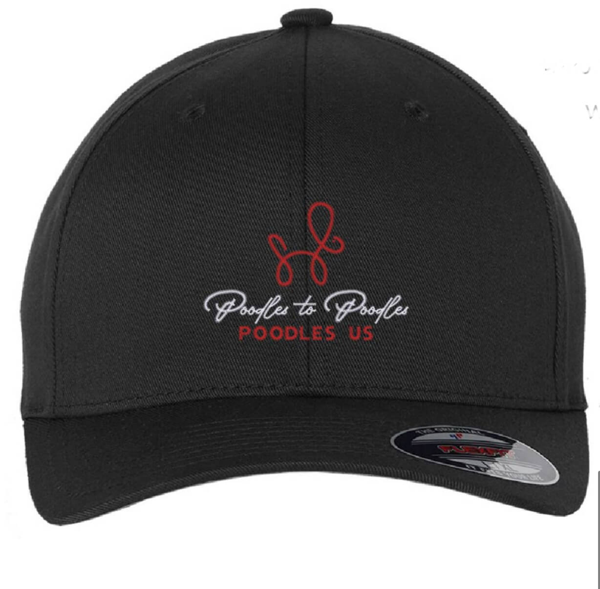 Poodles to Poodles base ball cap featuring a red line art poodle shape above with Poodles to Poodles in a white script