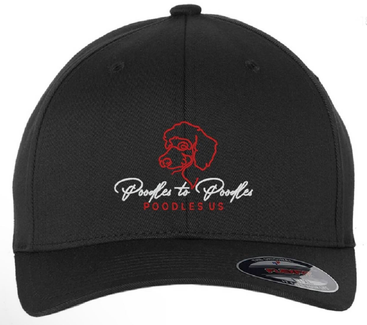 Poodles to Poodles base ball cap featuring a red line art poodle bust above with Poodles to Poodles in a white script