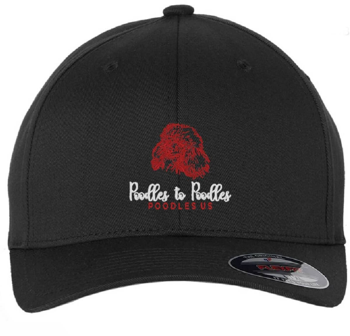 Poodles to Poodles base ball cap featuring a red line art "fluffy" poodle bust above with Poodles to Poodles in a white script