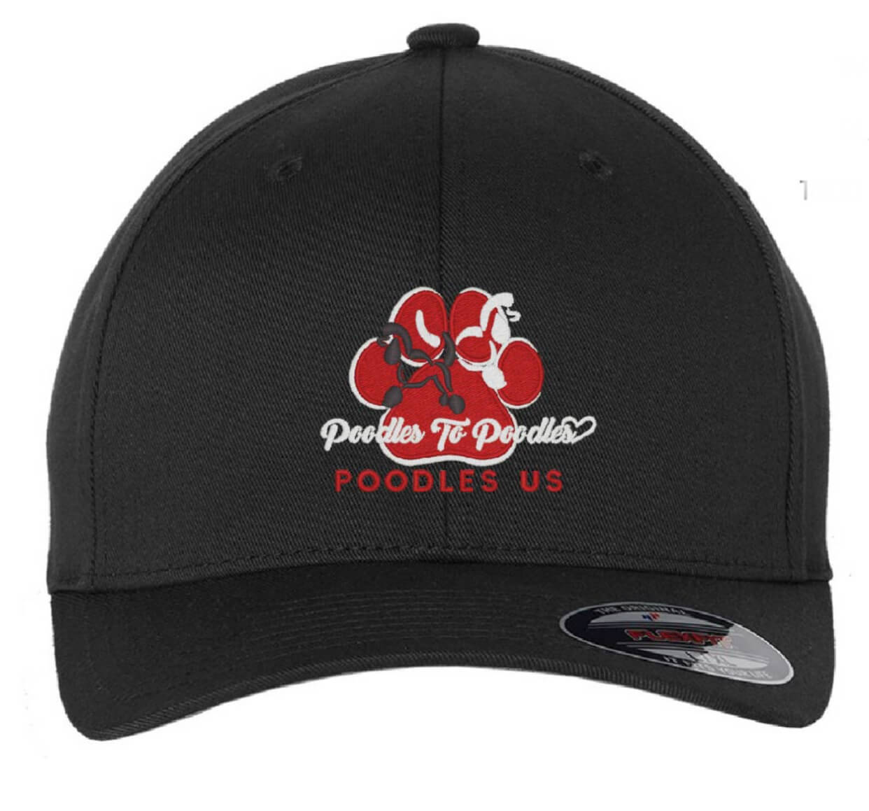 Poodles to Poodles base ball cap featuring Poodles to Poodles in a white script with white and black Poodle Icons on top of a red dog paw pad.