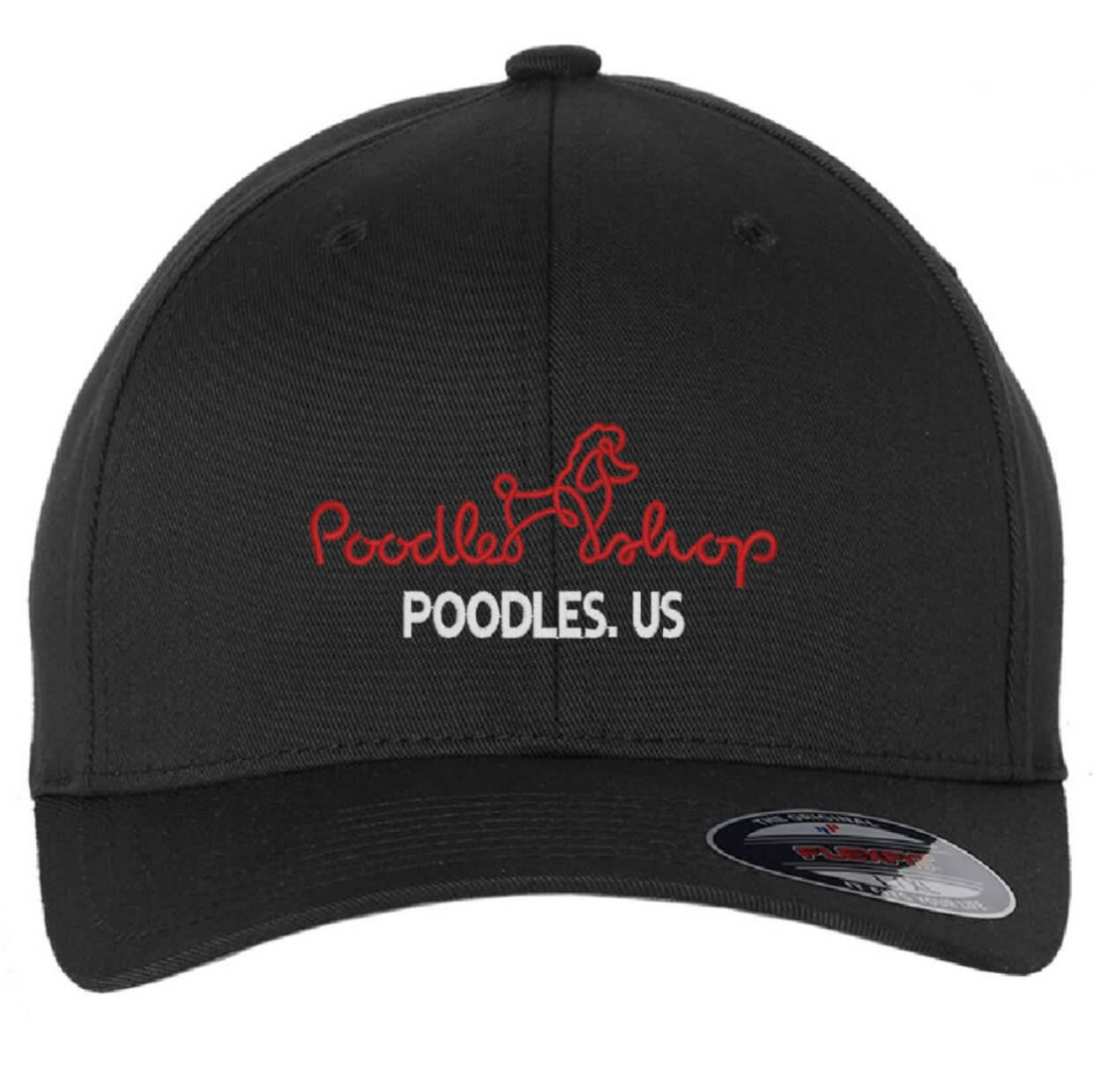 Poodles to Poodles base ball cap featuring a script font "poodle shop" with a red line art poodle