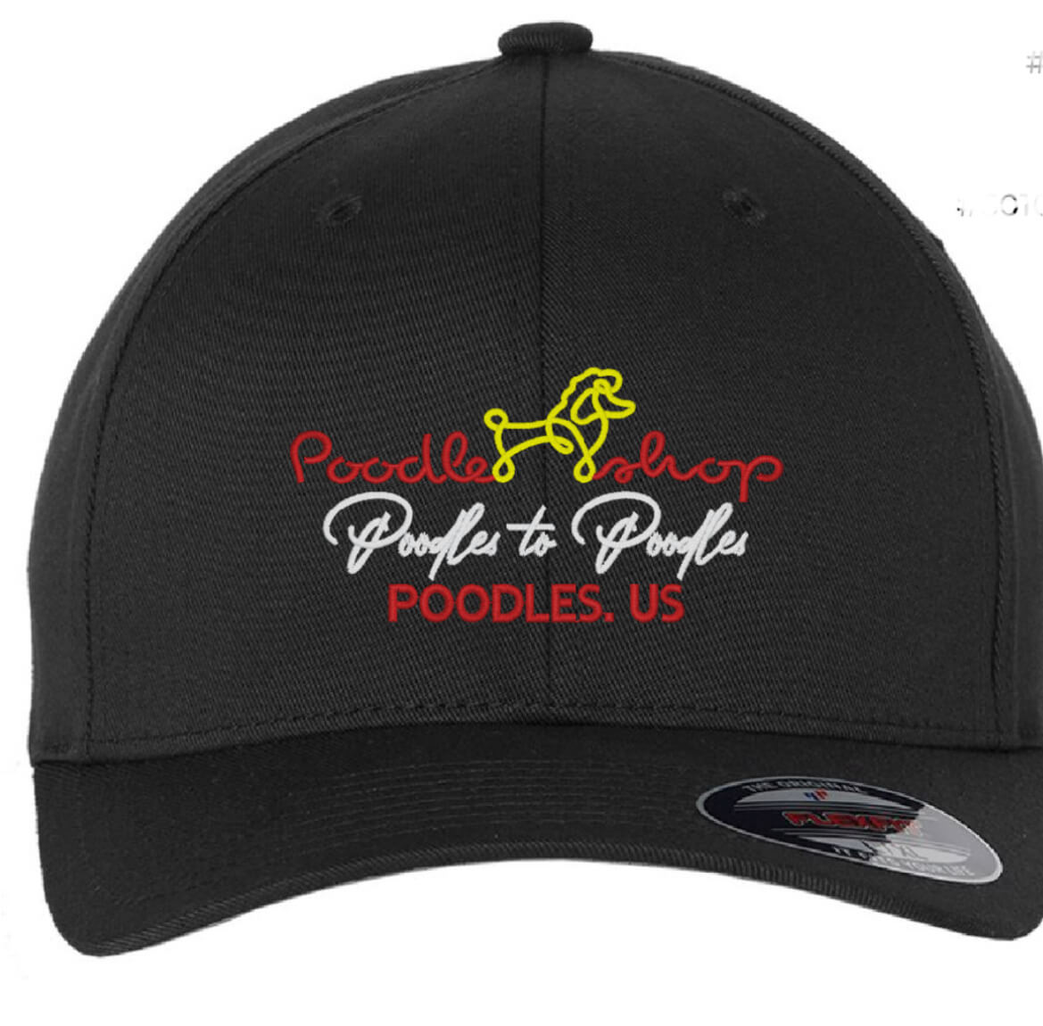 Poodles to Poodles base ball cap featuring a script font "poodle shop" with a yellow line art poodle