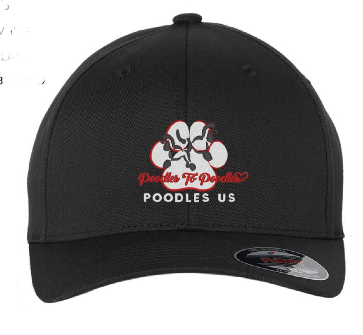 Poodles to Poodles base ball cap featuring Poodles to Poodles in a white script with white and black Poodle Icons on top of a white dog paw pad.
