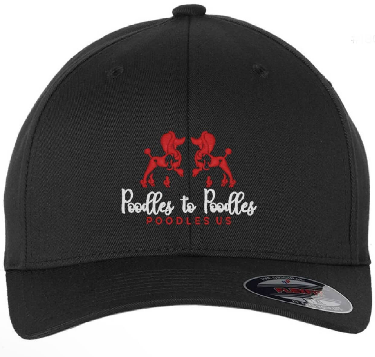 Poodles to Poodles base ball cap featuring two red poodles above with Poodles to Poodles in a white script